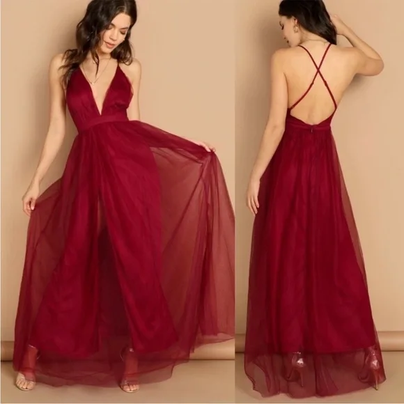 The Vintage Shop- Maroon Tulle Maxi Dress- Size Small - Picture 1 of 4